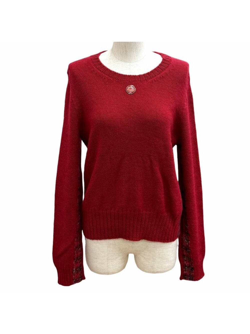 Chanel Wool 100% CC Logo Rhinestone Tweed Long Sleeve Sweater Red 38